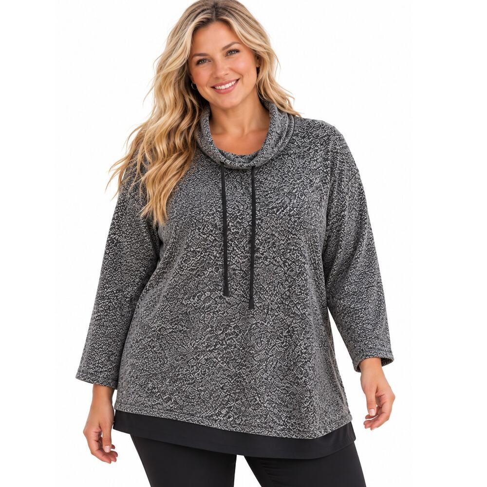 J. Jill Fit Funnel Neck Drawstring Pullover Womens Size 2X Gray Black Sweatshirt